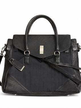 Joy Gryson Saskia Black Mixed Media Satchel Crossbody Handbag Leather Trim